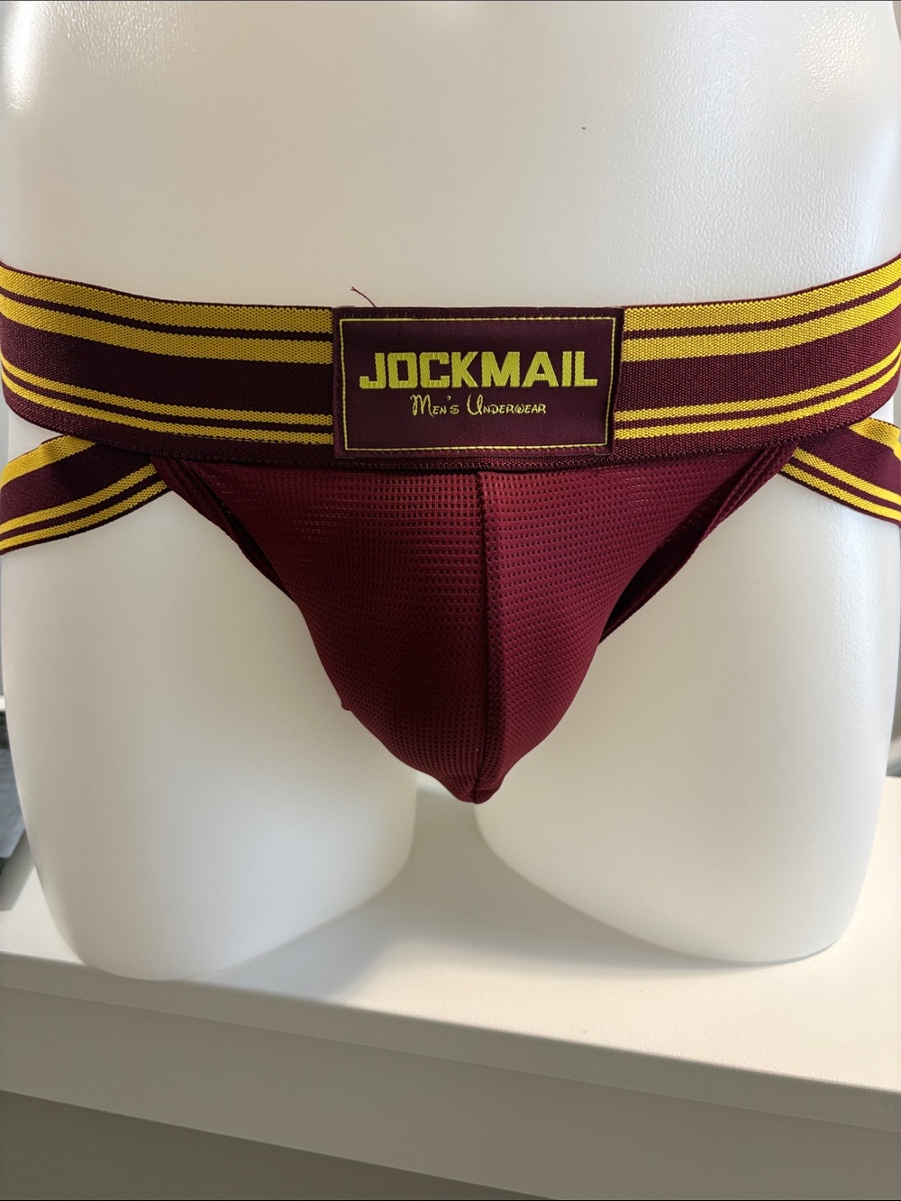 JOCKMAIL Men's Maroon Athletic Jockstrap with Yellow-Striped Waistband